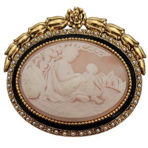 MT Gold Tone Resin Mother Child Faux Pearl Green Enamel Laurel Leaf Brooch E248